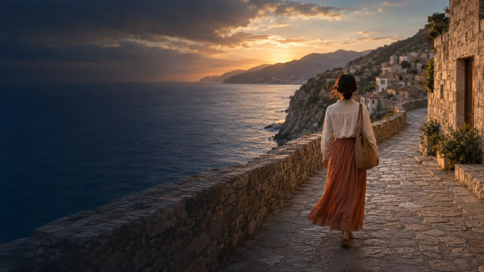 A Japanese woman traveler walking along a sunset coastal path