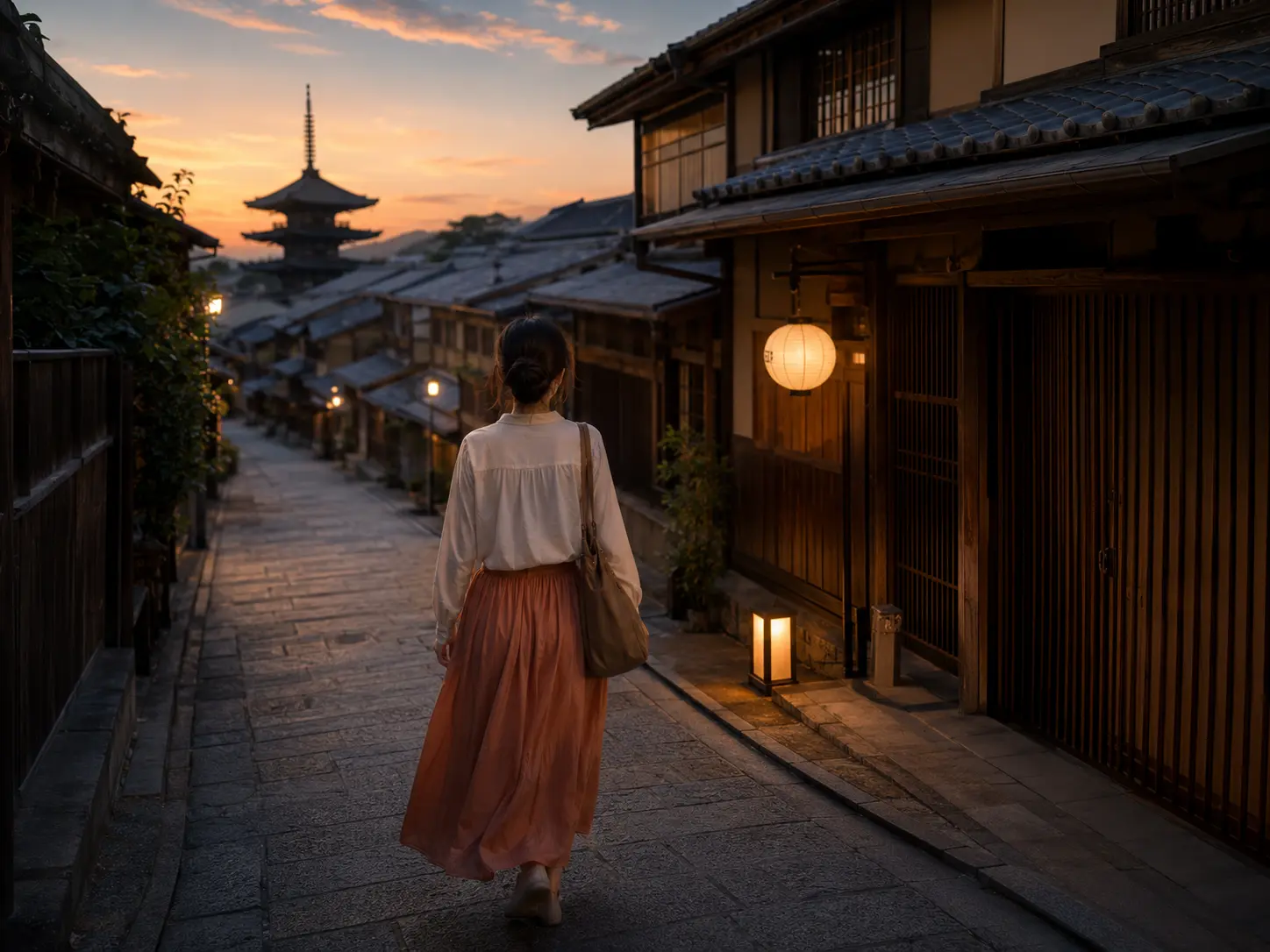 A Japanese woman walking through a traditional Kyoto lane at dusk
