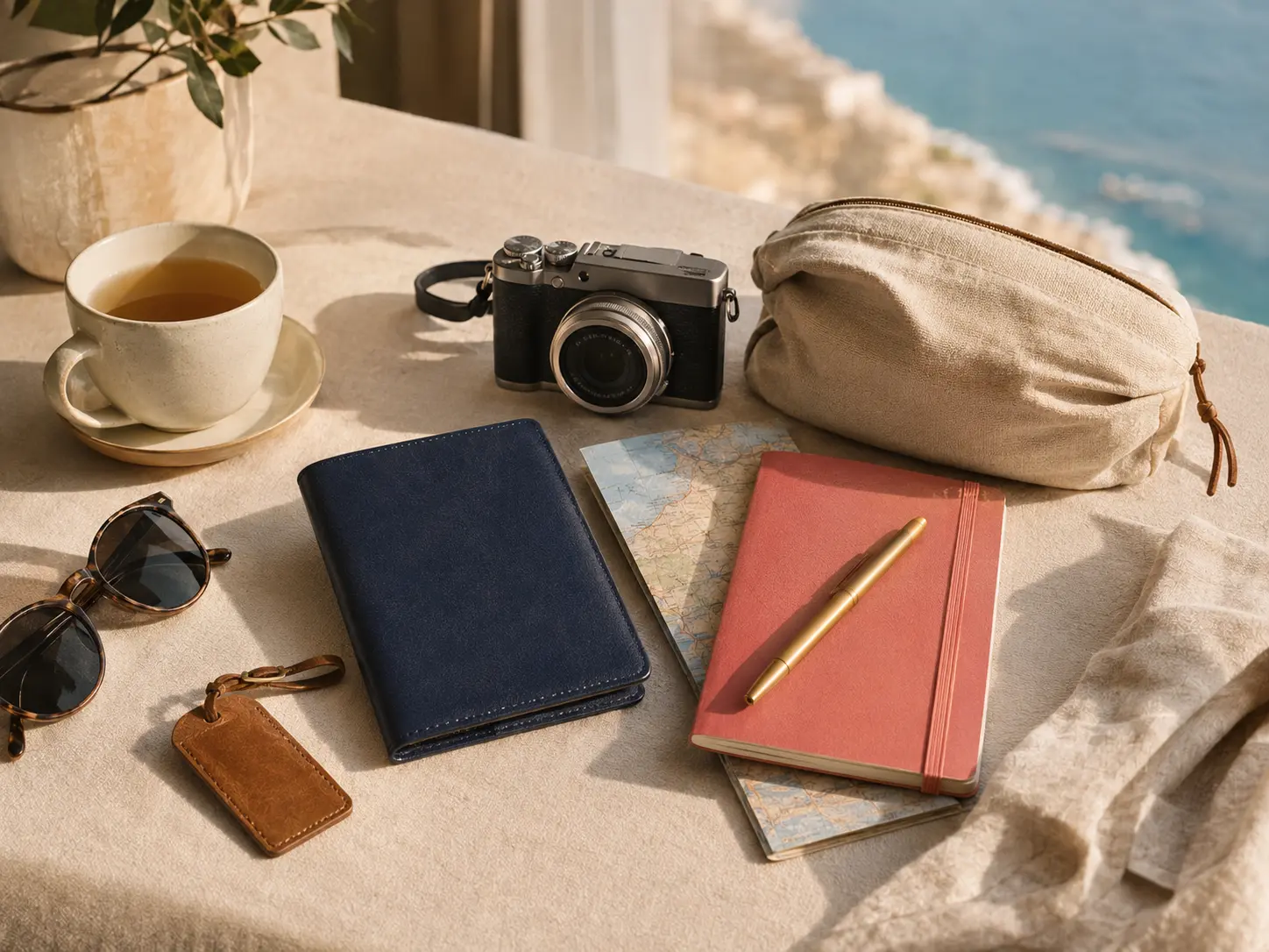 Travel planning essentials arranged on a sunlit table
